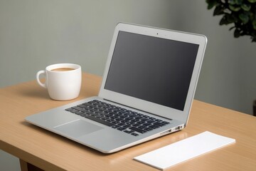 Fototapeta premium Modern workspace featuring a laptop, coffee cup, and notepad, ideal for remote work or productivity imagery.