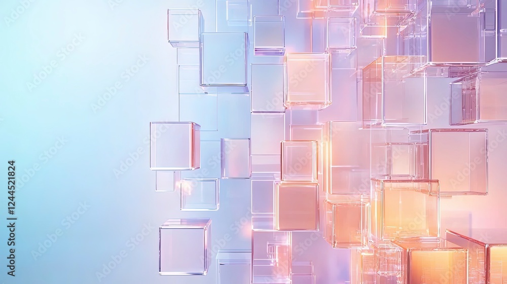 Poster abstract composition of translucent cubes with a gradient background, creating a modern and futurist