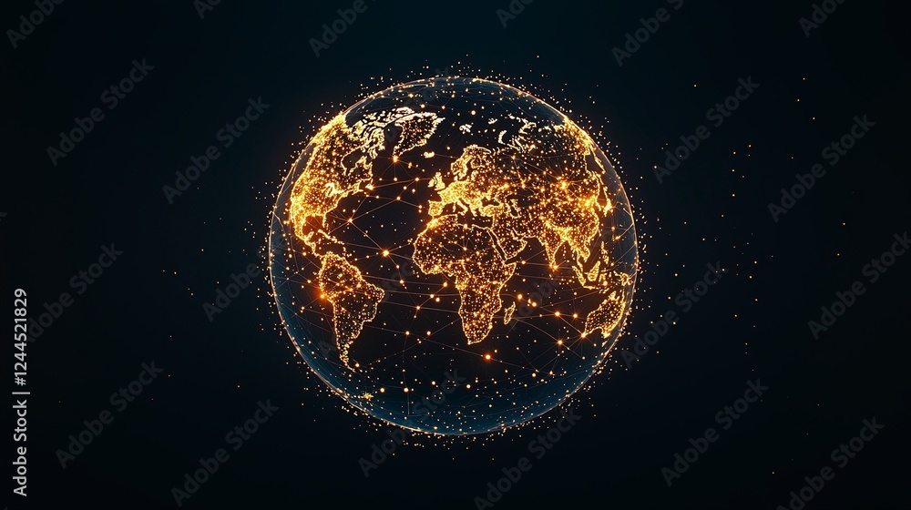 Poster illuminated globe with a network of glowing connections, representing global communication and techn