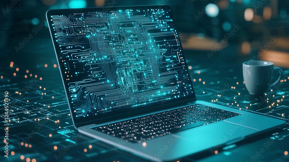 Poster a modern laptop displaying a vibrant digital interface, surrounded by glowing circuit patterns and a