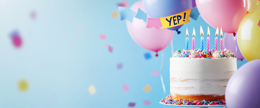 A birthday cake with candles and colorful sprinkles, surrounded by balloons and confetti, with a "YEP!" banner in the background, symbolizing celebration and joy.