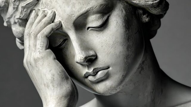 Contemplative marble statue closeup: evocative facial expression transition