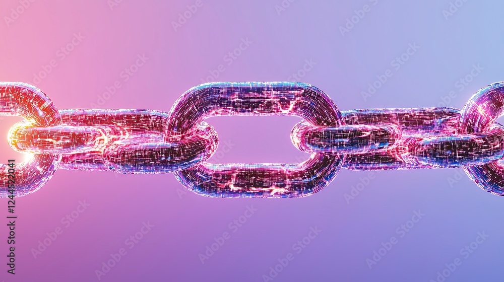 Poster glowing digital chain links with a vibrant gradient background, symbolizing connectivity and securit