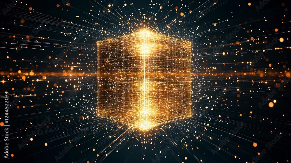 Poster abstract digital background featuring a glowing cubic shape surrounded by shimmering particles and l