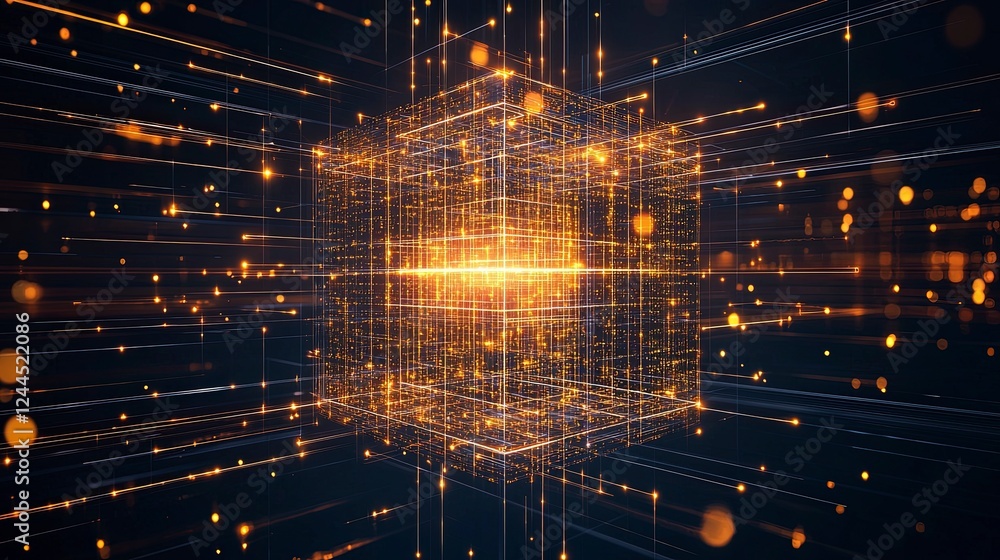 Aufkleber abstract digital design featuring a glowing cube with dynamic light trails and particles, evoking a 