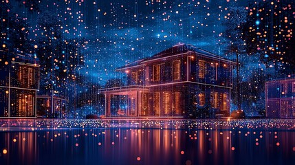 A beautifully illuminated house surrounded by a magical, starry night, with colorful lights reflecting in calm water.