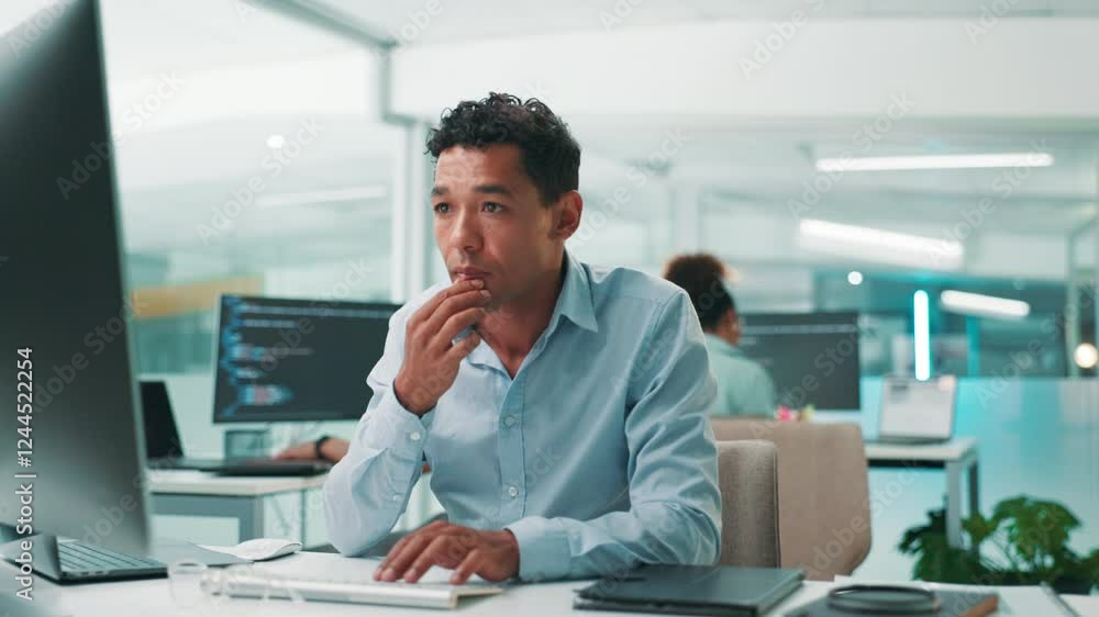 Aufkleber Programmer, thinking and man on computer for research, project and cybersecurity update in office. Typing, coding or developer with technology for web development, programming and building software