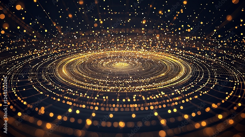 Poster glowing golden particles swirl in a circular pattern against a dark background, creating a mesmerizi