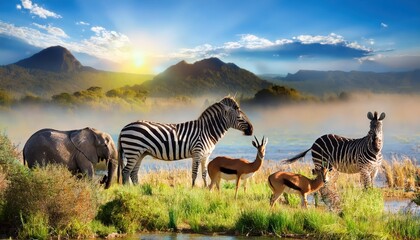 Vibrant Tapestry of African Wildlife Thriving in Their Majestic Habitat, Showcasing a Spectacular Blend of Colors and Textures under the African Sunset.