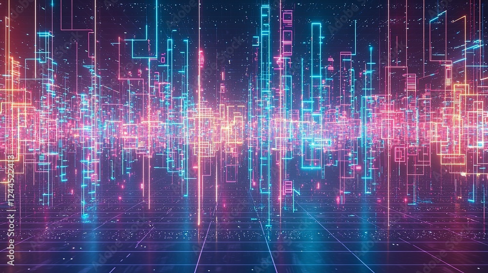 Aufkleber colorful digital landscape with glowing lines and grids, representing technology and data flow in a 