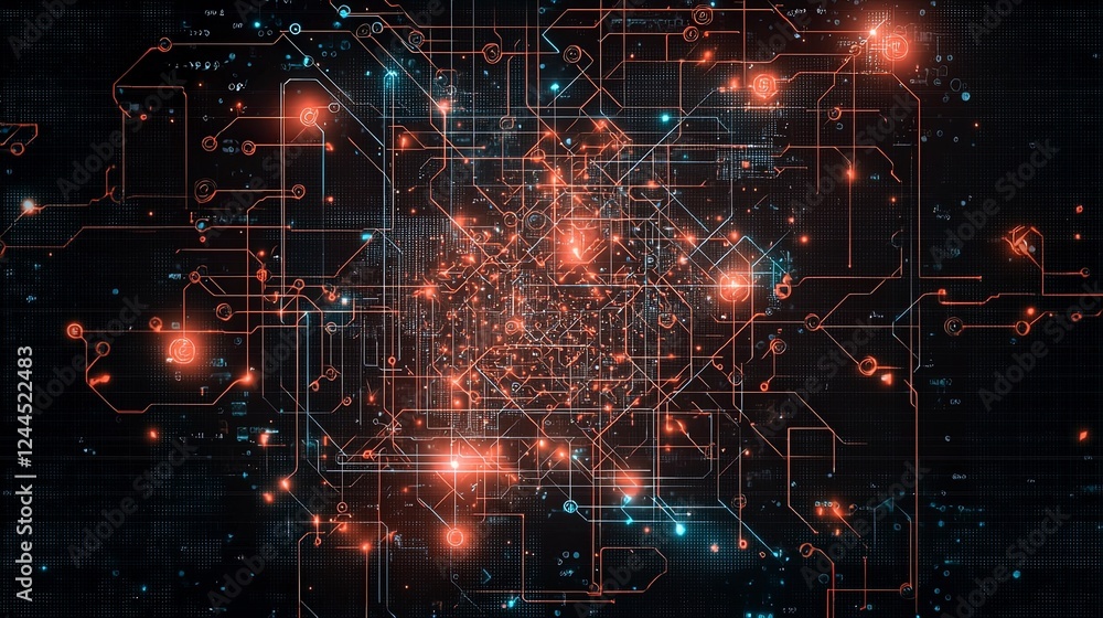 Poster abstract digital network with glowing circuits and nodes, symbolizing technology and connectivity.