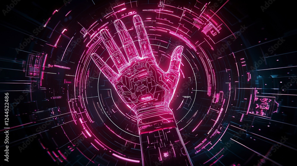 Aufkleber futuristic digital hand surrounded by glowing pink data patterns in a high-tech environment.