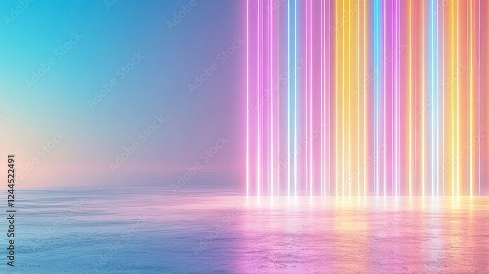 Poster vibrant vertical lines of color blend with a serene ocean backdrop, creating a stunning visual of li