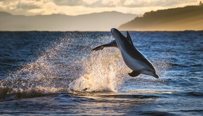 Fototapeta premium Stunning Leap of a Dolphin Amidst Crystalclear Waters in the Majestic Ocean off Tasmania, Australia Captured at Sunrise on January,