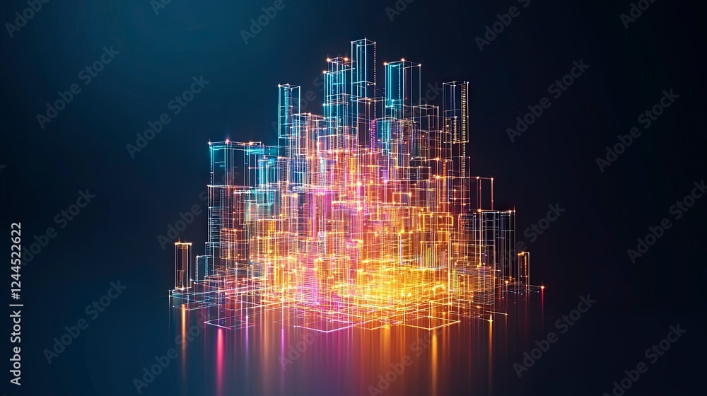 Poster vibrant abstract visualization of a cityscape made of glowing lines and lights, creating a futuristi