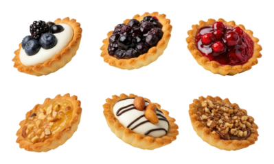 Assorted mini tart desserts topped with fruits, nuts, or cream fillings