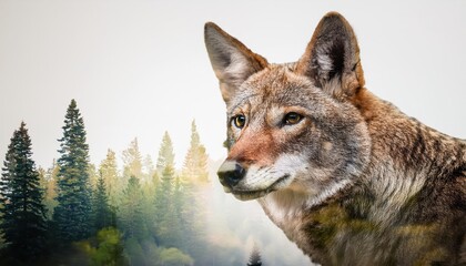 Striking Double Exposure of a Coyote and Pine Forest, Showcasing the Majesty of North American Wildlife in a Moody, Mystical Landscape at Twilight