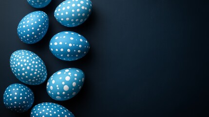 Blue easter eggs painted by hand on a dark background. Easter stylish minimal composition. Top view, flat lay, copy space 