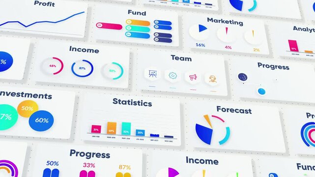 Economic background with various graphs, percentages, icons. Seamless looping.
