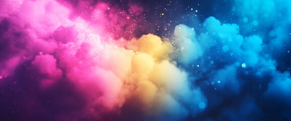 Fototapeta premium A dreamy, colorful cloudscape blending pink, purple, yellow, and blue with glowing particles, symbolizing creativity, inspiration, and the beauty of nature in a surreal, abstract way.