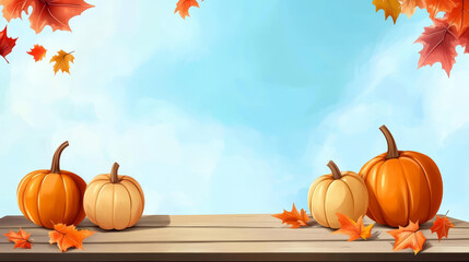  Autumn Warmth: Maple Leaves and Pumpkins on a Rustic Table

