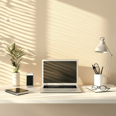 Modern white desk work table with laptop, smartphone, earphone, notebook for home office work.