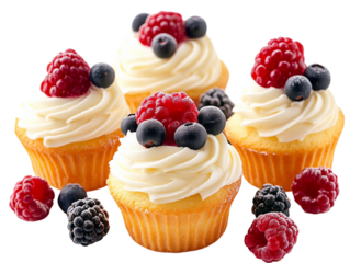 Flavorful neat and fresh mini cakes with cream and decorated with fresh berries isolated on white background 