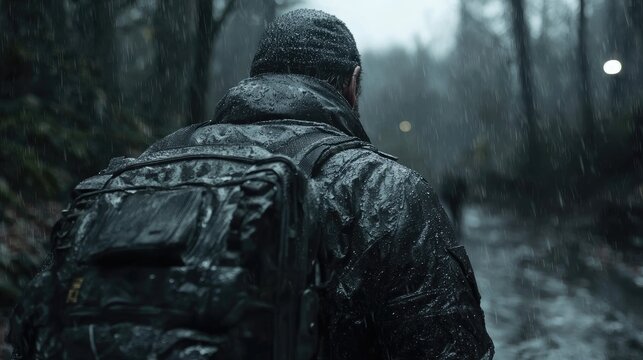 Rainy hike, man with backpack, forest path, background blur