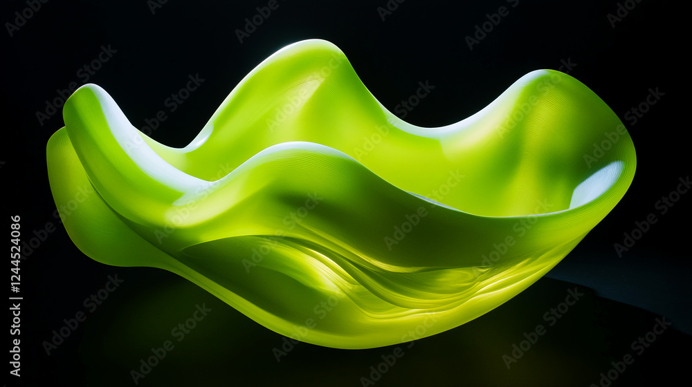 Poster a flowing and vibrant translucent green shape with smooth curves against a dark background, represen