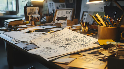 A desk is cluttered with papers and pencils, where a storyboard lies open, showcasing hand-drawn scenes and notes that flesh out a film's narrative. Narrative Sequences. Illustration