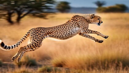 Awesome Moment Cheetah Leaping Gracefully Against a Blurred Backdrop, Capturing the Power and Agility of Natures Swiftest Land Animal.