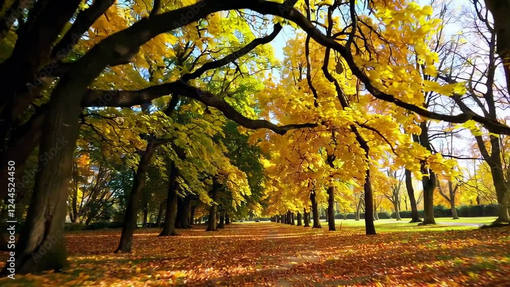Poster Sunlight filters through golden foliage, creating a mesmerizing scene in slow motion as fallen leaves blanket the ground beneath a canopy of trees in a serene park