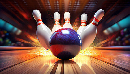 close up of a bowling ball hitting pins scoring a strike bottom view and action shot ten pin bowling game concept generative ai