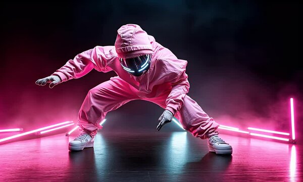 Breakdancer man with mask, Time lapse breakdance, neon light. Headspin A head spin that requires a serious sense of balance