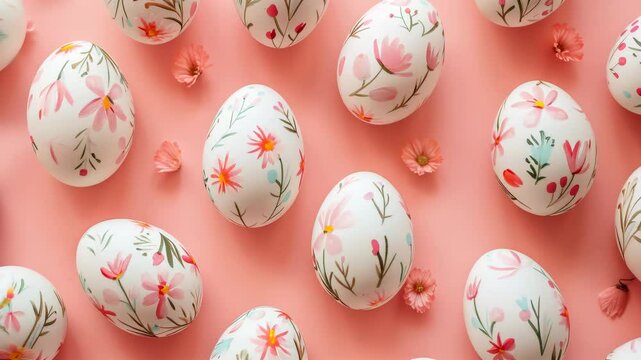 Colorful floral decorated eggs on pastel surface with small flowers and vibrant designs