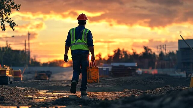 Construction worker sunset site leaving work bag
