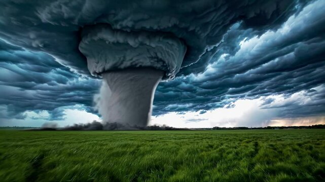 Menacing wall cloud spawns violent vortex. Lightning-filled supercell rotates above rural prairie landscape during peak spring storm season. Wide panoramic capture.