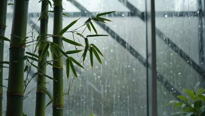 Bamboo plant near a rain speckled glass window, creating a serene ambiance.