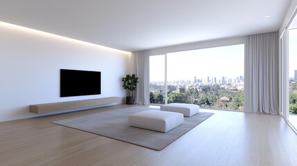 Modern apartment living room with city view; relaxing atmosphere