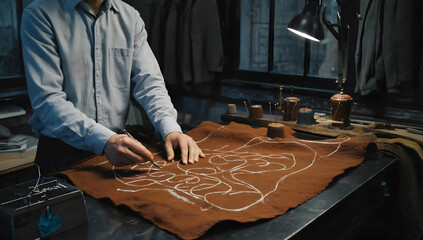 Man in a workshop sketching on fabric, surrounded by tools and materials.