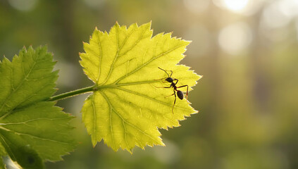 Green leaf with intricate veins and a tiny ant traversing its surface
