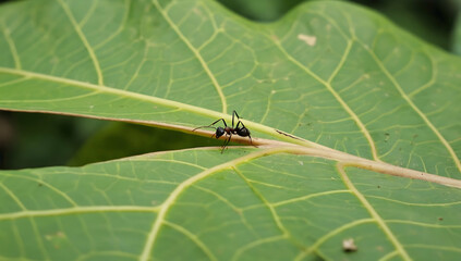 Backlit green leaf with intricate veins and a tiny ant traversing its surface.