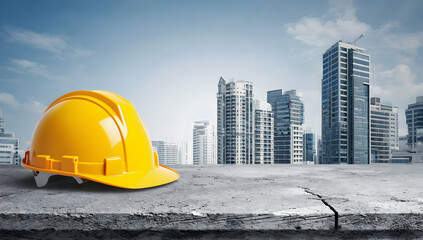 Yellow safety helmet on concrete, skyscrapers rising under a blue sky.