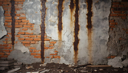 Rust-streaked, crumbling brick wall with exposed mortar and scattered debris.