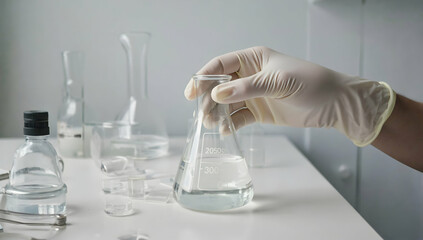 Gloved hand holding a conical flask in a laboratory setting.