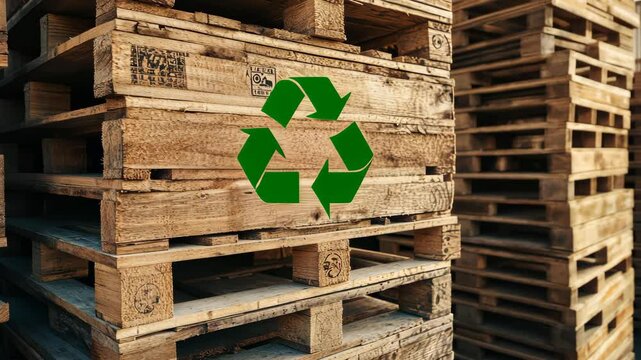 Wooden pallets with recycle symbol in warehouse highlight sustainability efforts