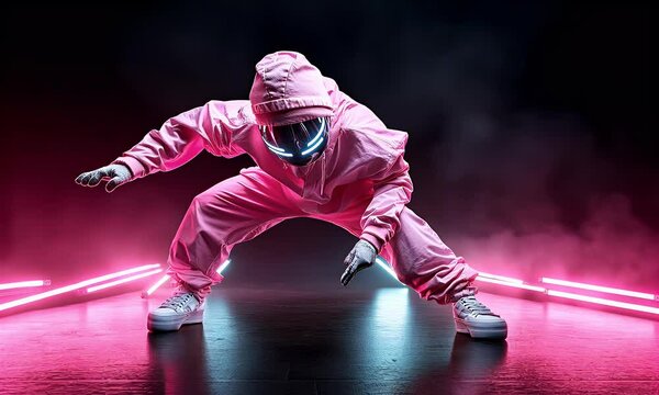 Breakdancer man with mask, Time lapse breakdance, neon light. Headspin A head spin that requires a serious sense of balance