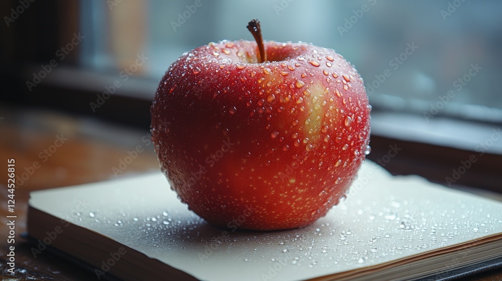 Poster fresh red apple with water droplets resting on an open book beside a window with a blurred backgroun