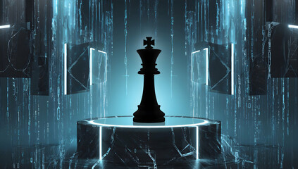 Digital king chess piece surrounded by glowing blue binary shards.
