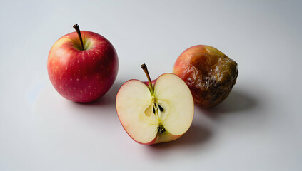 Three apples: one fresh, one sliced, one overripe, on a white background.